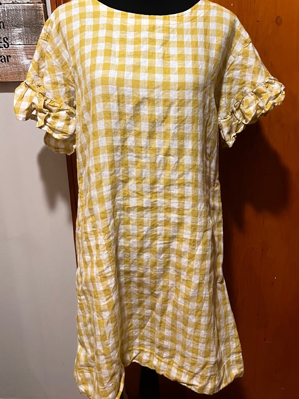 Uncle Frank Yellow and White Gingham Ruffle-Sleeve Midi Dress